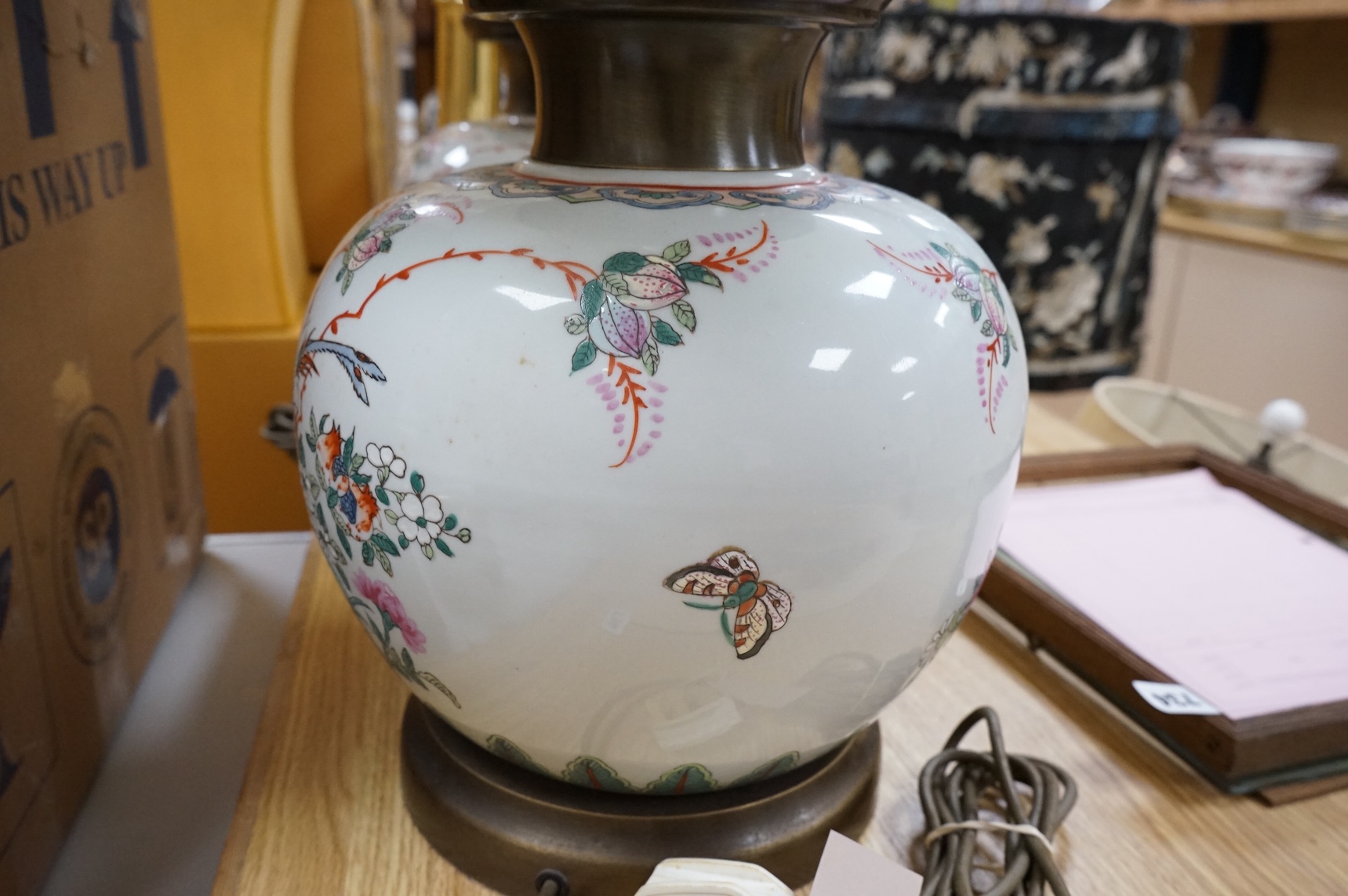 A pair of Chinese famille rose table lamps, with shades, 62cm total